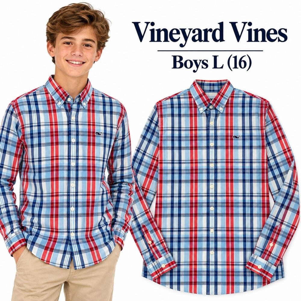 Vineyard Vines Boys Whale Shirt Large 16 Blue Red Plaid Long Sleeve Button Down